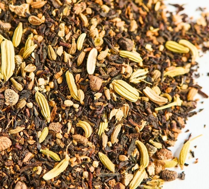 a closeup of loose leaf masala chai tea
