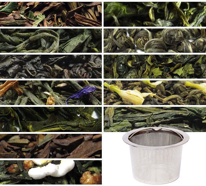 Variety of loose leaf green teas with stainless steel tea filter basket, included in the Green Tea Club Quarterly Box Replenish.